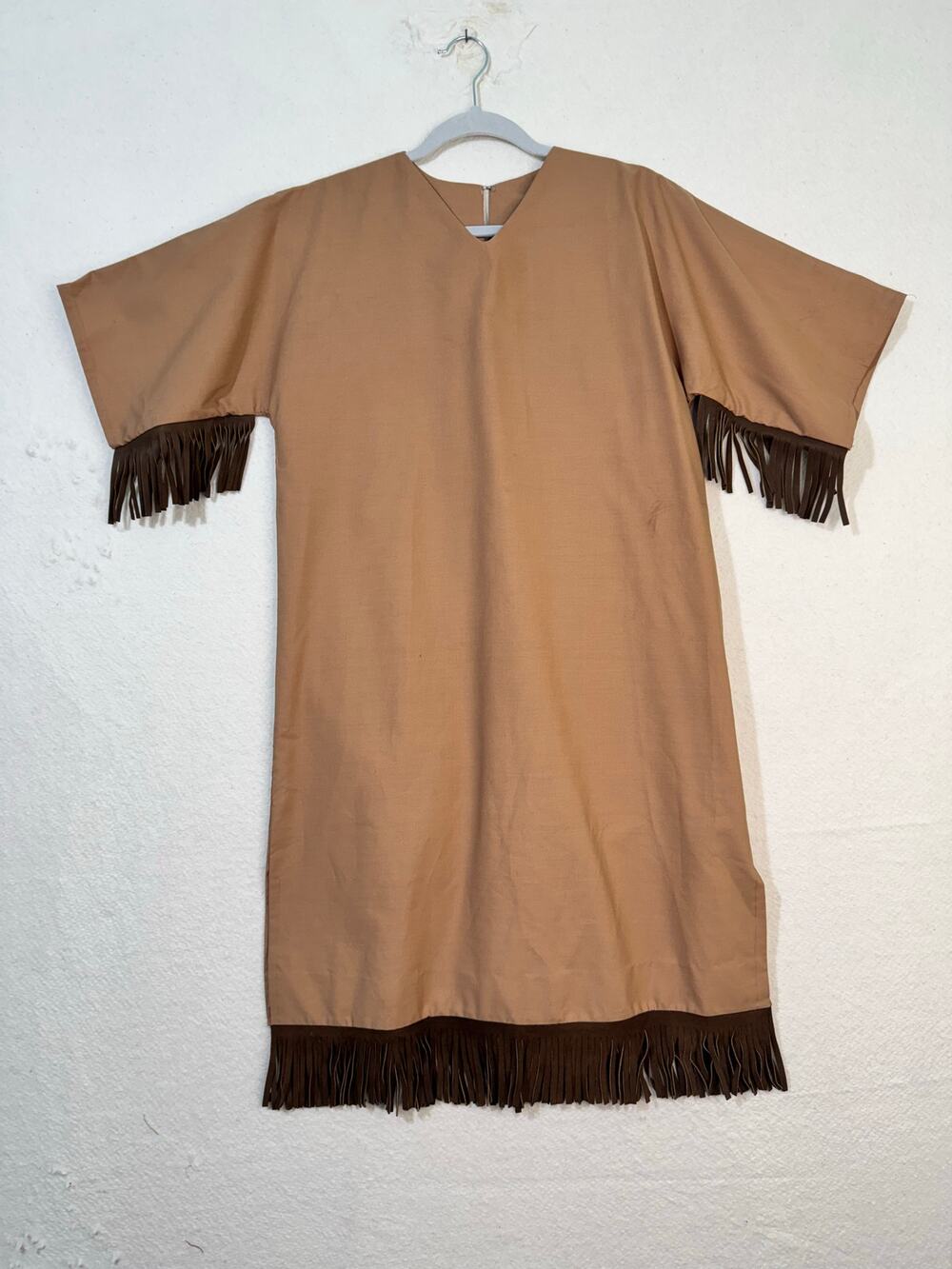 Camp Fire Girls Scouts VTG Tan V-Neck Kaftan Dress Dark Brown Sueded Fringe Trim